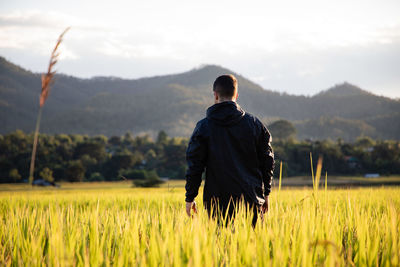Rear view of man standing at rice paddy against mountains