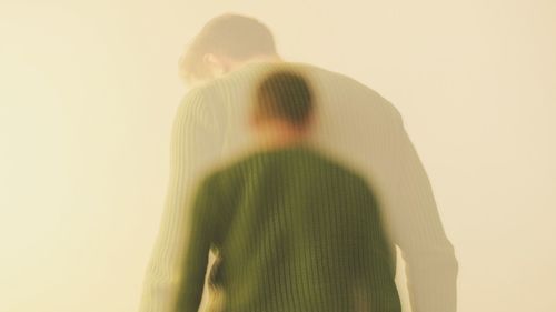 Rear view of couple standing against white background