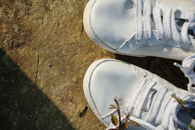 High angle view of old shoes on wood