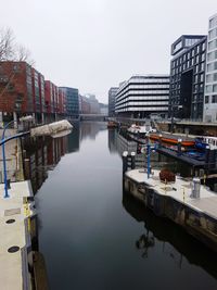 Boats moored on canal amidst buildings against sky