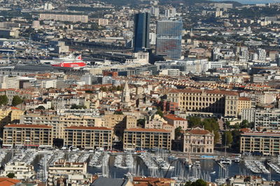 High angle view of buildings in city