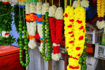 Close-up of multi colored flowers for sale at market stall
