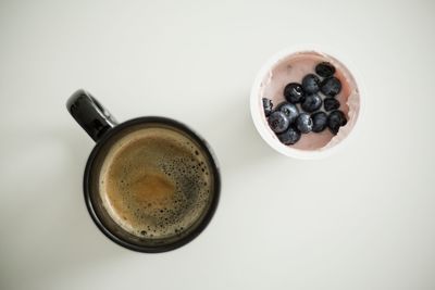 Directly above shot of coffee cup against white background