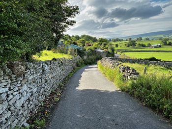 Looking along, holl gate, with dry stone walls, fields, trees, and farms in, west witton, leyburn, 
