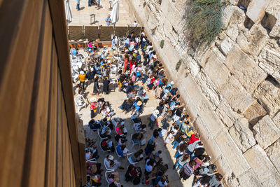 High angle view of people on building