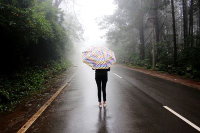 Rear view of woman walking under umbrella on road during rainy season