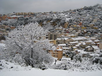 Aerial view of snow covered houses against sky