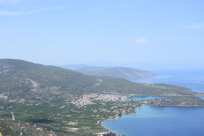 Scenic view of sea and mountains against blue sky