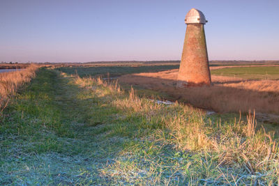 Scenic view of field against clear sky