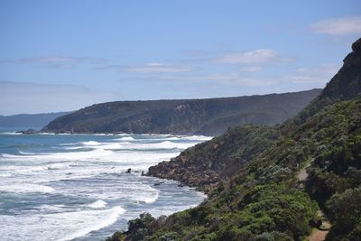 Scenic view of sea and mountains against sky