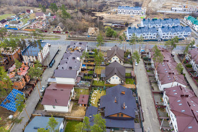 The aerial view of the destroyed and burnt buildings.