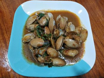 High angle view of meal served on table