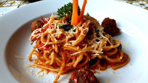 High angle view of food served in plate