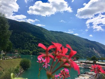 Scenic view of lake against cloudy sky