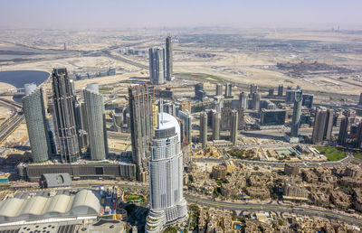 High angle view of modern buildings in city