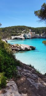 Scenic view of sea against clear blue sky