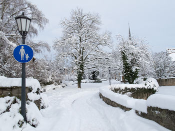 Snow covered road by trees against sky