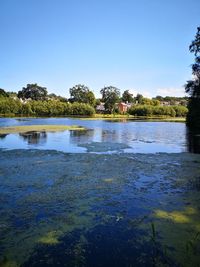 Scenic view of lake against clear blue sky