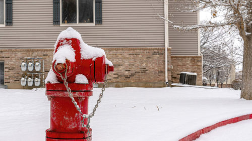 Close-up of snow covered house against building