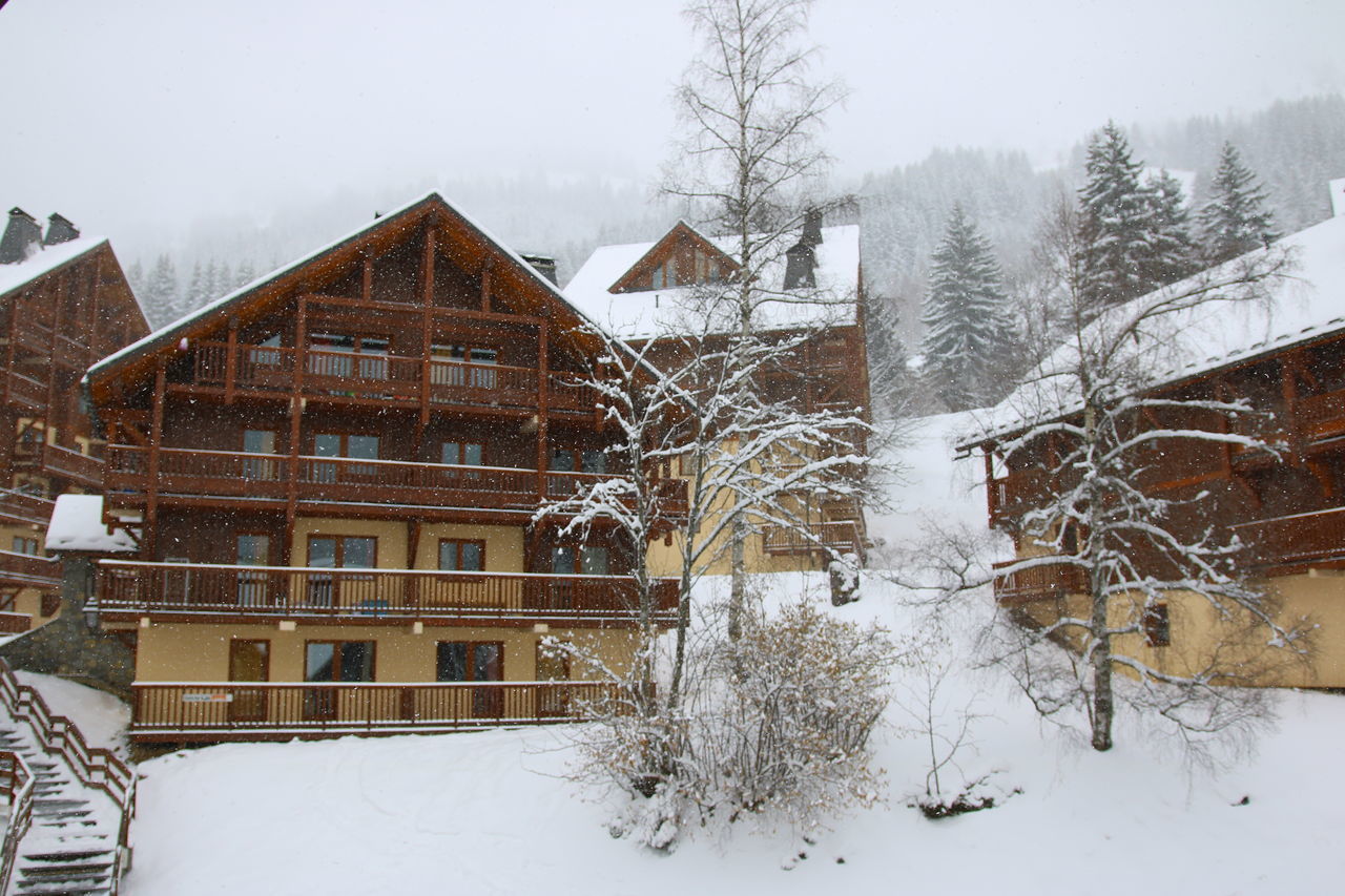 HOUSES IN WINTER AGAINST SKY