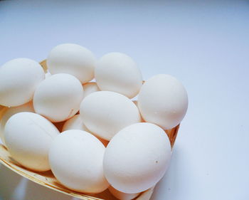 Close-up of eggs against white background