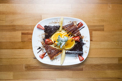 High angle view of dessert in plate on table