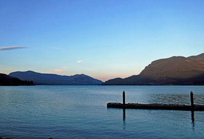 Scenic view of lake by mountains against clear blue sky