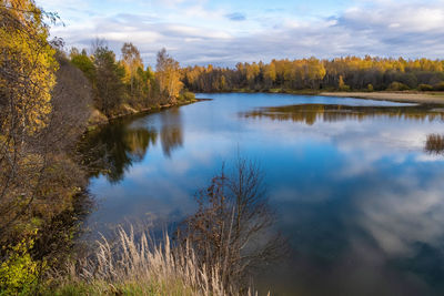 Scenic view of lake in forest against sky