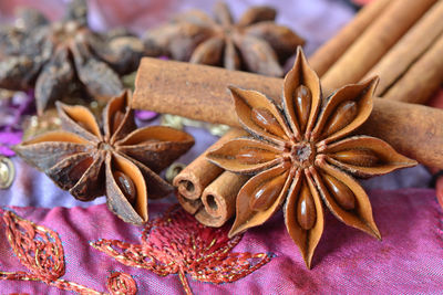 Close-up of star anise and cinnamons