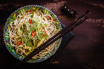 High angle view of noodles in bowl