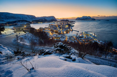 Winter view over Ålesund from fjellstua in snow, norway