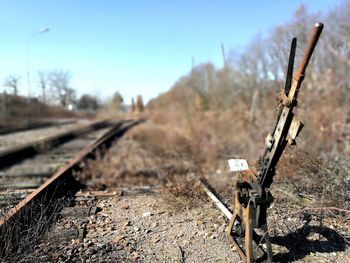 Railroad tracks amidst trees on field against sky