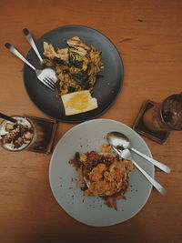 High angle view of meal served on table