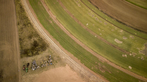 High angle view of road amidst field