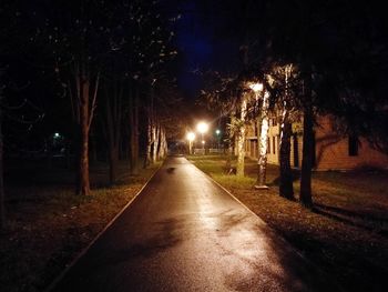 Illuminated road amidst trees against sky at night