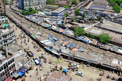 High angle view of crowd in city