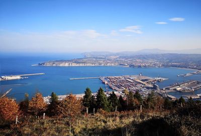 High angle view of city by sea against sky