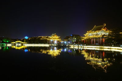 Reflection of illuminated buildings in lake at night