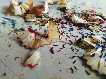 Close-up of pencil shavings on table