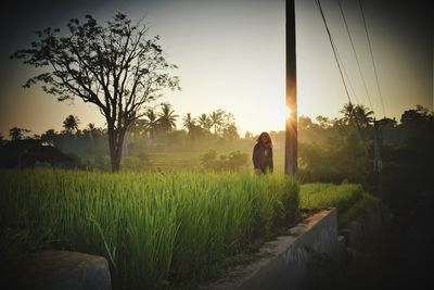 Man standing on field against sky during sunset