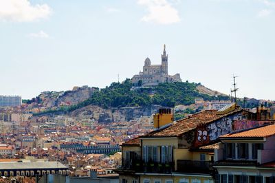 Buildings in town against sky