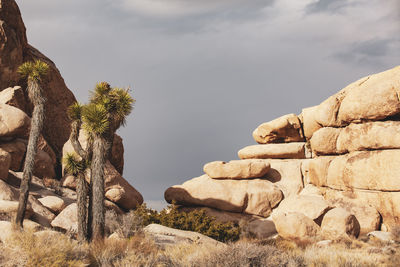 Rocks on landscape against sky