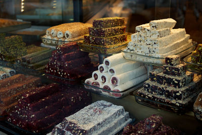 Close-up of cupcakes on display at store