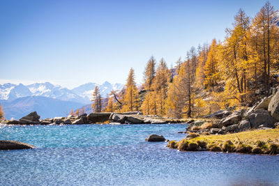 Scenic view of snowcapped mountains against clear sky