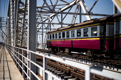 Train on railroad track in city against sky