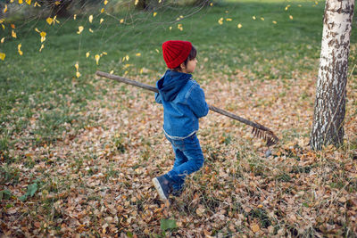 Portrait of a village boy child raking leaves in autumn at home