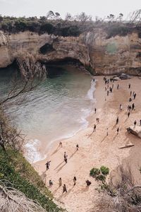 High angle view of people on beach against sky