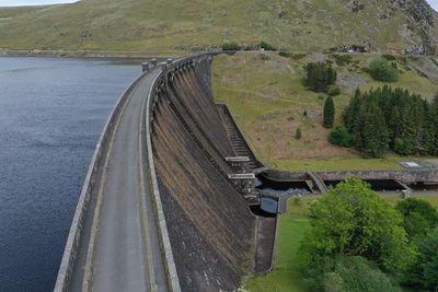 High angle view of dam on road by river