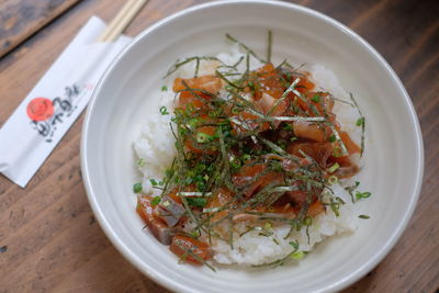 High angle view of food in bowl on table