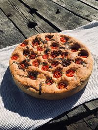 High angle view of pizza on table